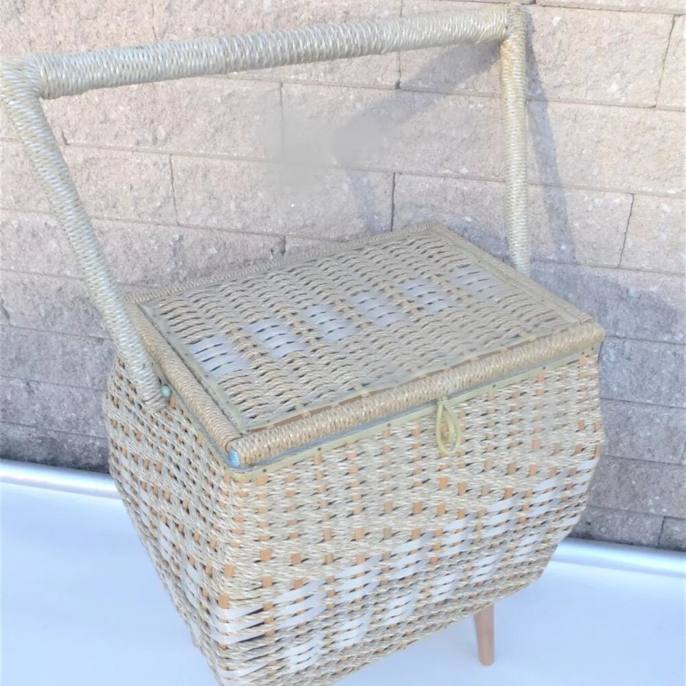 YARN BASKET w/ TWIST off LEGS Vintage Wicker Basket Craft Basket Crochet Craft